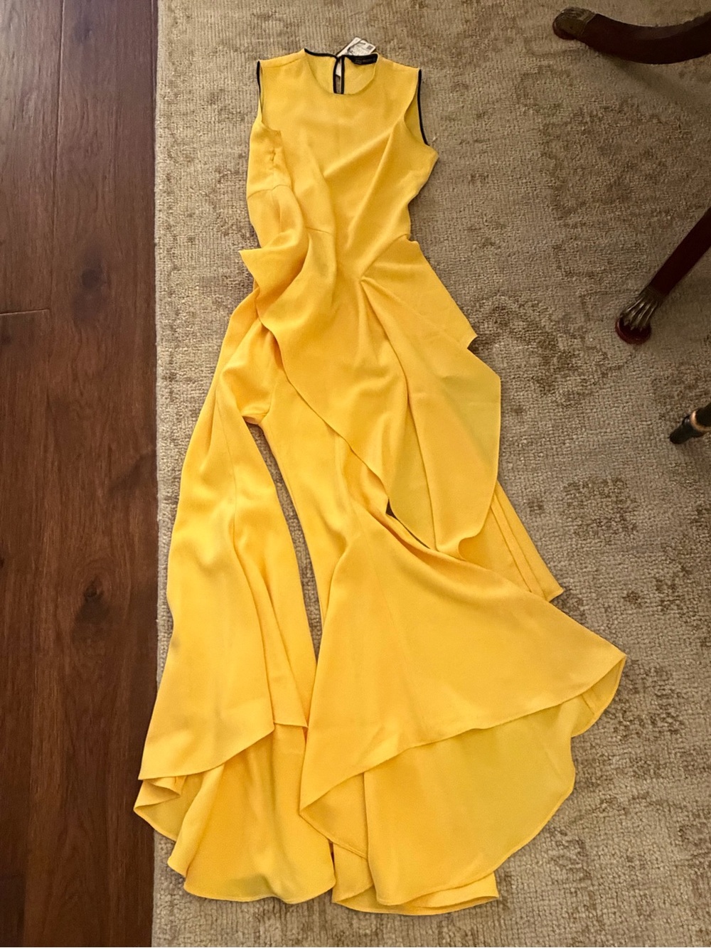 Zara Asymmetrical Yellow Top and Pants with Cascading Ruffles